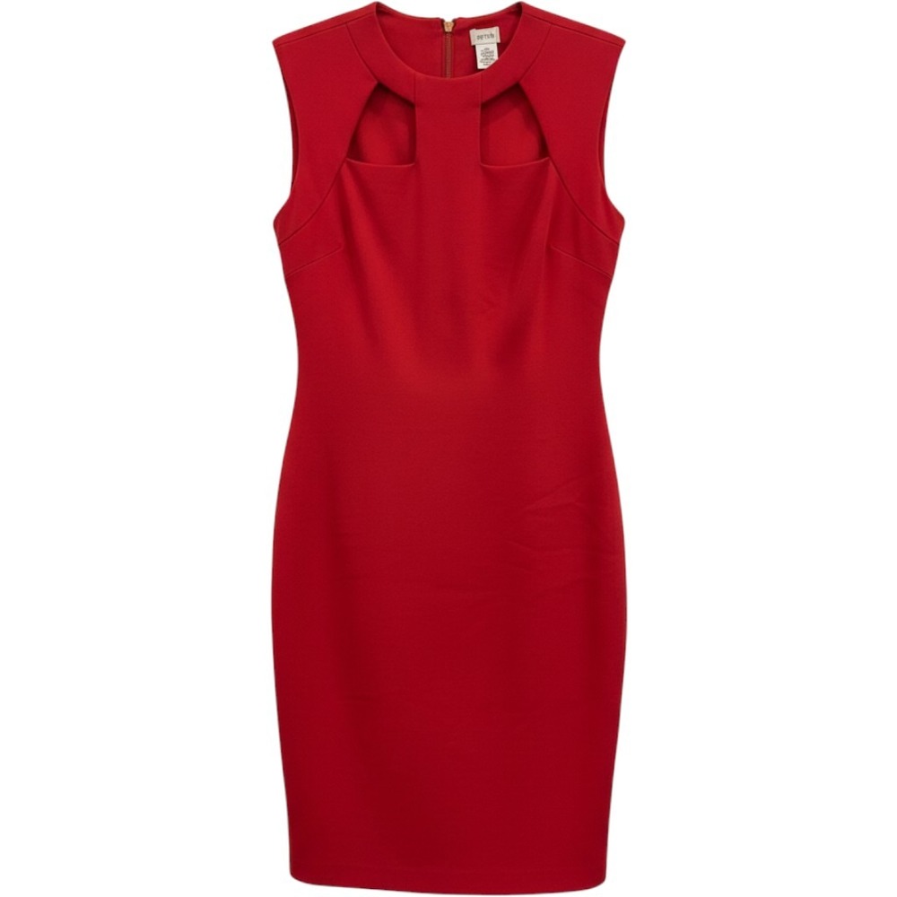 Vintage Cache Sheath Dress Size 4 Red Cutout Neckline Sleeveless Gold Zipper